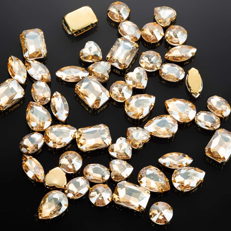 Choupee 48PCS Mixed Shapes Flatback Sew On Glass Rhinestone Sewing Claw Rhinestone for Craft, Clothes, Garments, Dress, Earring, Belt and Shoes (Champagne, Gold Claw) - Image 1